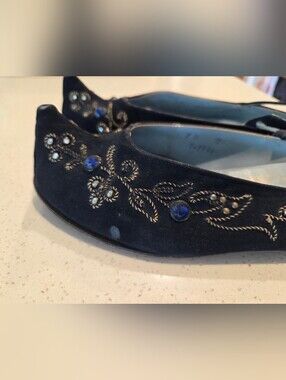 Vintage Alladin Embroidered Navy Blue Gem Ballet Slingback Flats